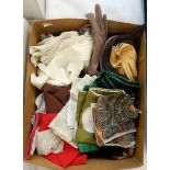 Various vintage gloves including silk and kid and handkerchiefs (1 box)