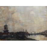 20th century Dutch school Oil on canvas River scene with boats, windmill and figures on horseback,