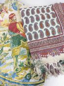 Large printed paisley shawl, cream ground, bordered,