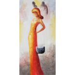Mixed media on canvas Stylised full-length portrait of woman with handbag,