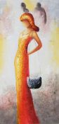 Mixed media on canvas Stylised full-length portrait of woman with handbag,