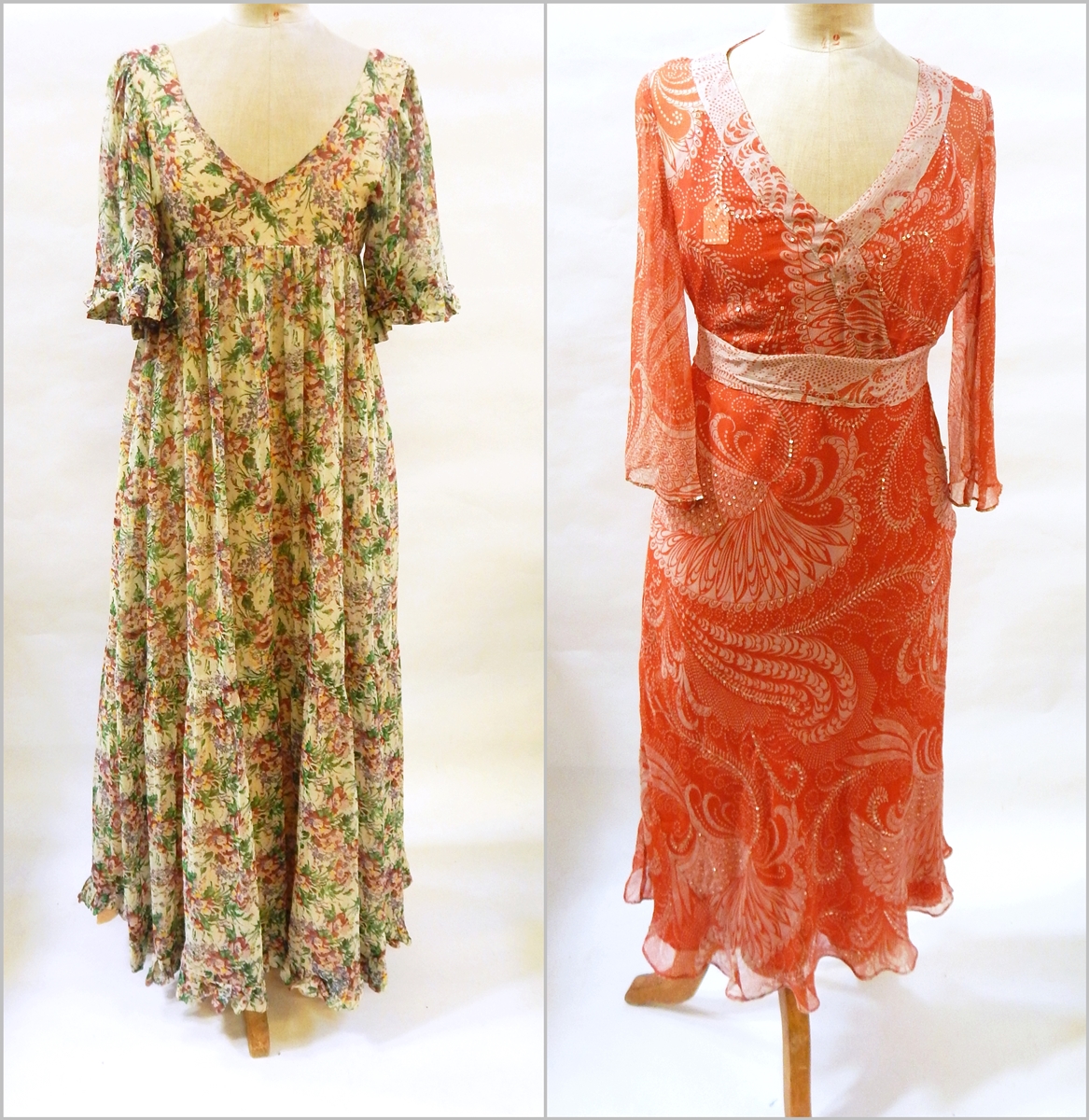 A 1970's Sujon floral maxi dress with deep V neck and frilled cap sleeves,