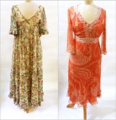 A 1970's Sujon floral maxi dress with deep V neck and frilled cap sleeves,