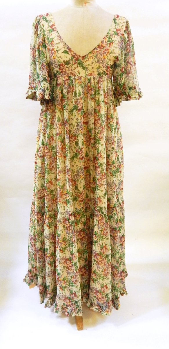 A 1970's Sujon floral maxi dress with deep V neck and frilled cap sleeves, - Image 2 of 3