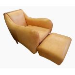 A Balzac armchair and footstool in tan leather,
