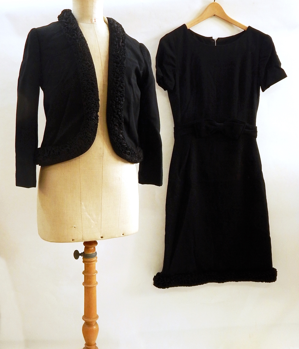 A black wool 1950's dress with matching jacket with tight frill trim to neckline and hem to jacket, - Image 3 of 4
