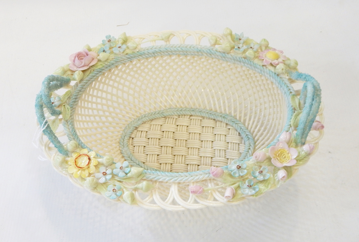 A Belleek basket of woven oval form, the rim decorated with rosebuds and other flower heads, - Image 2 of 4