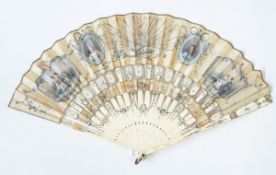 A 19th century silver inlaid ivory and painted silk fan decorated with panels of figures and floral