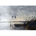 W Hooper(?) Oil on canvas Ducks on river estuary, signed lower left,