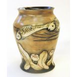 A Moorcroft vase of baluster form, decorated with a continuous band of fish, water lilies beneath,