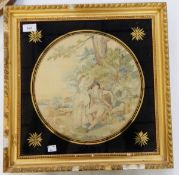 A Victorian silk embroidery depicting a couple in a pastoral scene beneath a tree,