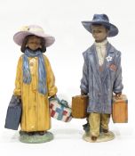 A pair of Lladro figures of a boy and girl carrying suitcases 'A Time To Go',