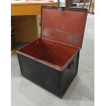 An old tin box, marked Med-Dep, USA, with carrying handles,