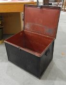 An old tin box, marked Med-Dep, USA, with carrying handles,