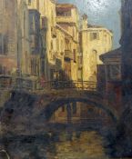 Unattributed (early 20th century) Oil on board Venetian canal scene with figures on a bridge,