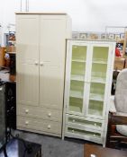 A modern white finish two-door wardrobe fitted two drawers and a white painted cabinet enclosed by