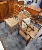 A pair of beech framed rush-seated kitchen chairs, a cane backed tub chair,