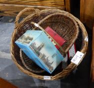 A large wicker log basket, a wicker shopping basket, various vintage tins, copper warming pan,