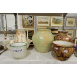 A ewer, basin and toothbrush holder, cream ground with rose garlands,