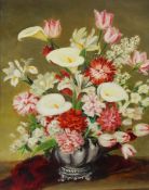 Alix Jennings Oil on board Still life of lilies and other flowers in bowl, signed lower right,