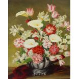 Alix Jennings Oil on board Still life of lilies and other flowers in bowl, signed lower right,