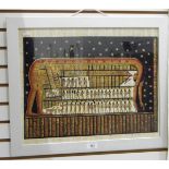 A modern Egyptian painting depicting hieroglyphics and figures, painted on papyrus,