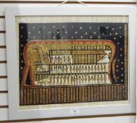 A modern Egyptian painting depicting hieroglyphics and figures, painted on papyrus,