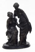 A spelter figure group of two maidens raised on plinth base,