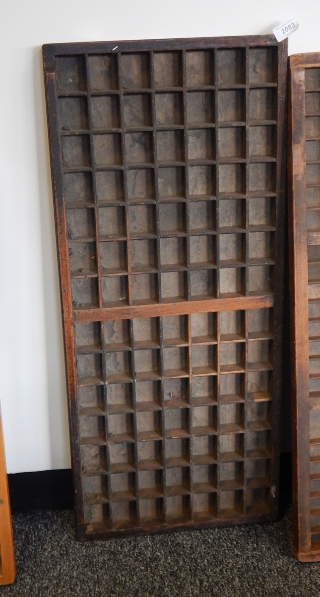 A set of wooden specimen shelves made from printer's drawer (2)