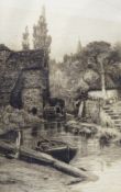 Wilfred Ball (1853-1917) Etching Mill scene with figures by a cottage and boat in foreground,
