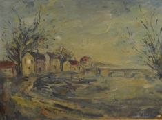 Continental school (20th century) Oil on board French river scene with boats and bridge,