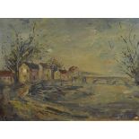 Continental school (20th century) Oil on board French river scene with boats and bridge,