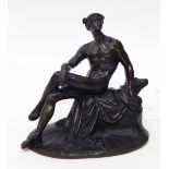 A modern bronze model of Mercury, seated on a tree stump, with his caduceus at his feet,