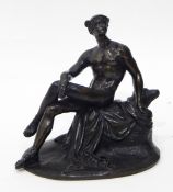 A modern bronze model of Mercury, seated on a tree stump, with his caduceus at his feet,