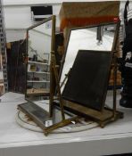 Two brass swing framed dressing table mirrors and a pietra dura inlaid circular stand (3)