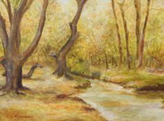 L Kenward Oil on board Woodland stream and various other pictures and prints