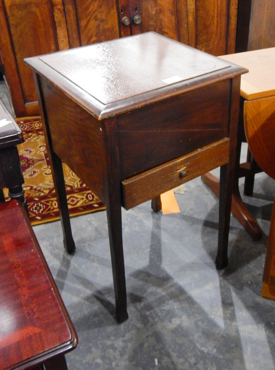 A stained oak workbox with single short drawer