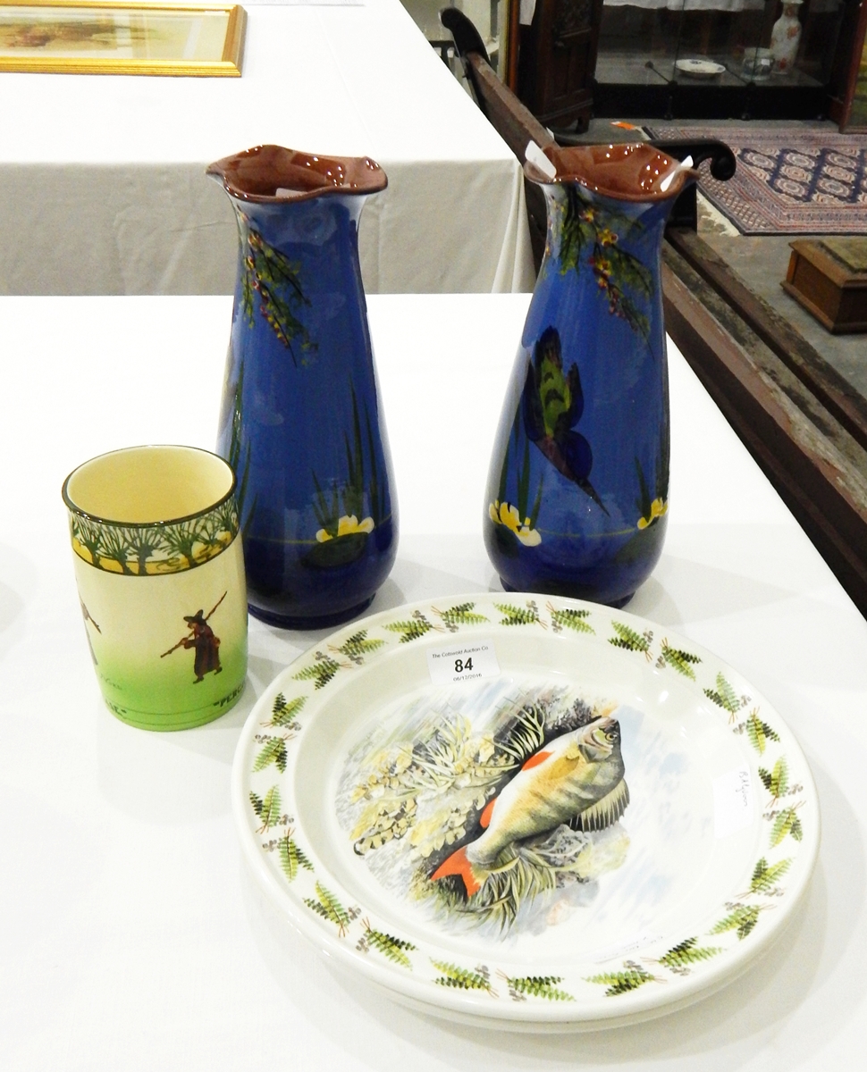 A pair of pottery vases by Longpark Pottery, Torquay, painted with kingfishers on a blue ground,