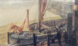 Sidney C Upton (20th century) Watercolour Dockside worker on barges, signed and dated 40 upper left,