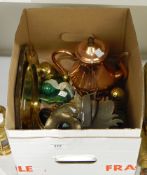 A copper coffee pot, a brass vase, brass dishes, ornaments, etc.