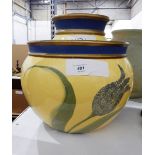 A large jardiniere with matching bowl and urn, yellow ground, blue and green tulip decoration,