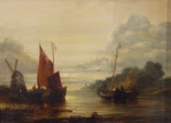 Unattributed (19th century) Oil on canvas River scene with boats and windmill,