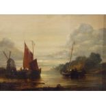 Unattributed (19th century) Oil on canvas River scene with boats and windmill,