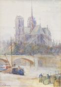 C Newman Watercolour A view of Notre Dame with bridge in foreground, signed 'C Newman' lower left,