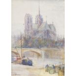 C Newman Watercolour A view of Notre Dame with bridge in foreground, signed 'C Newman' lower left,