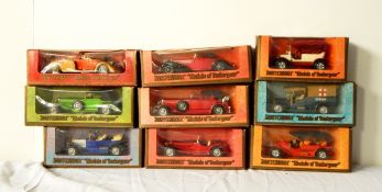 Nine Matchbox Models of Yesteryear diecast cars including a Y-17 1938 Hispano Suiza,