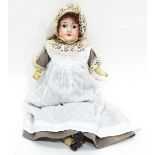 German(?) bisque headed doll, fixed eyes, open mouth, head incised "Alice",