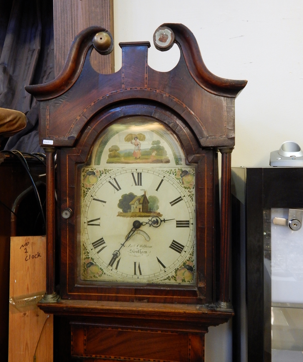 Late 19th century oak and mahogany inlaid longcase clock with swan neck pediment, painted dial,