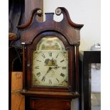 Late 19th century oak and mahogany inlaid longcase clock with swan neck pediment, painted dial,