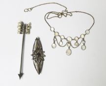 Silver fringe necklace set with moonstone cabochons,